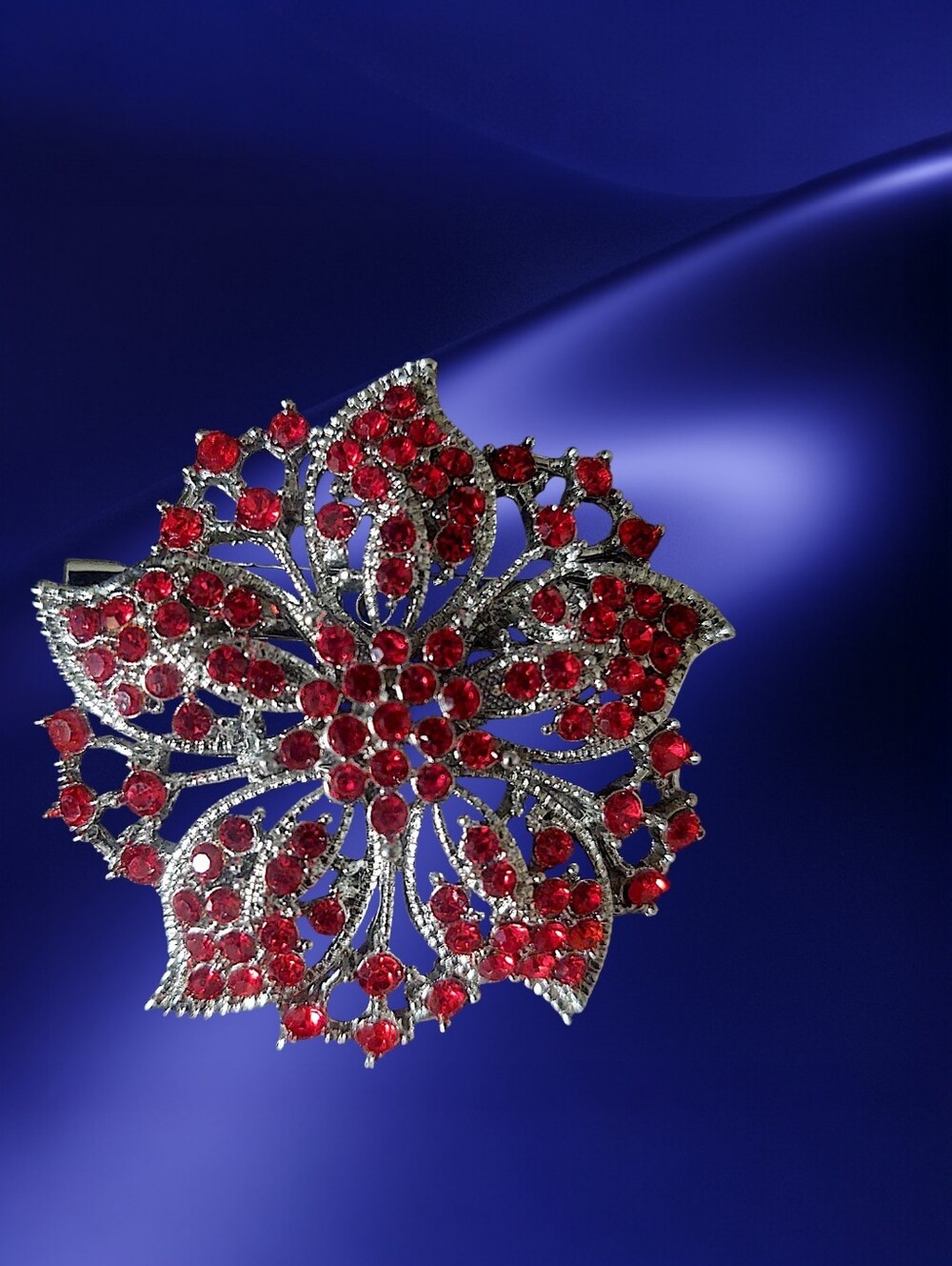Elegant Floral Red Rhinestone Brooch